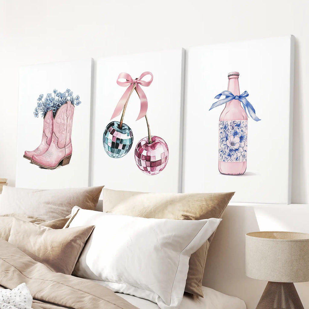 Cherries Disco Ball Preppy Pink Wall Art Prints