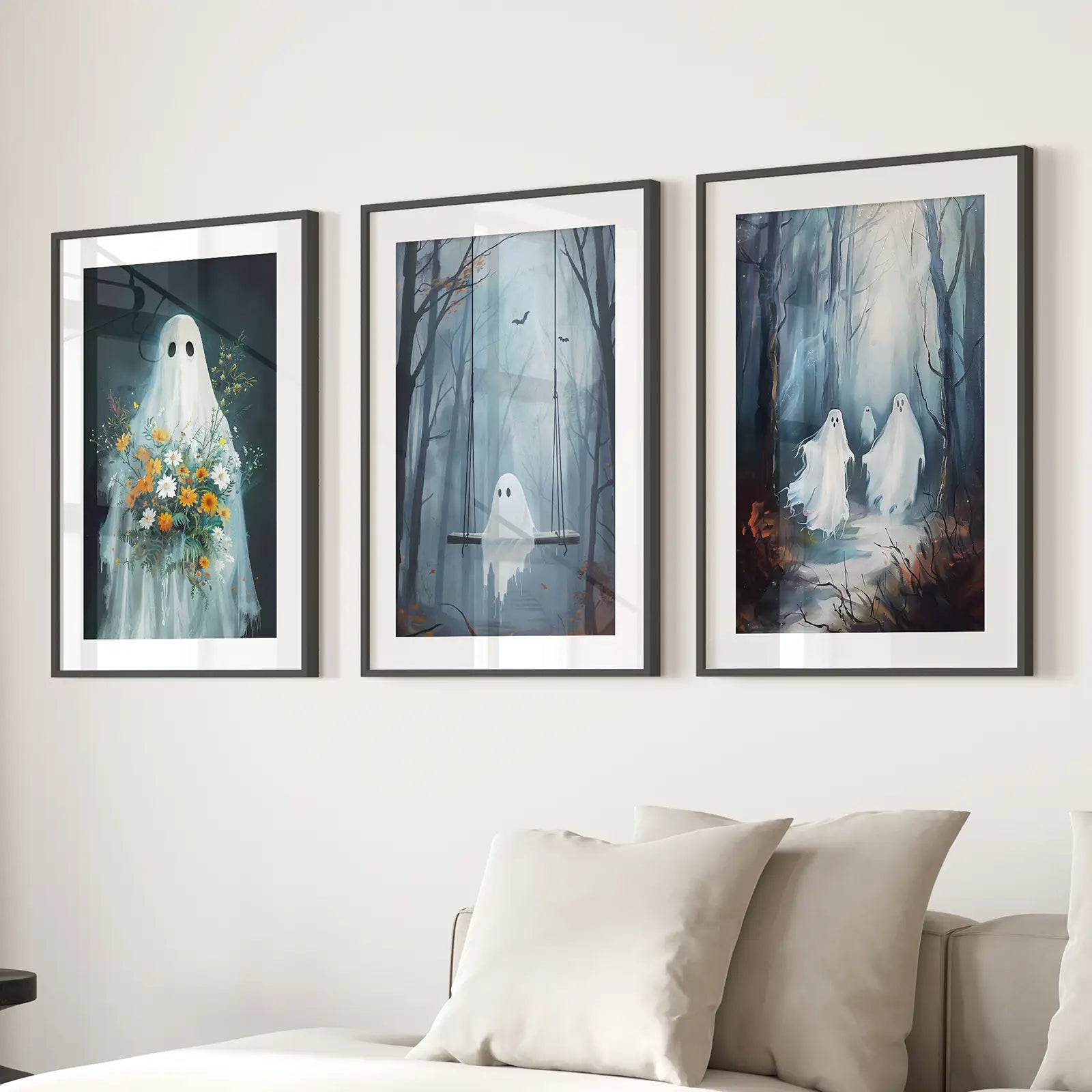 Cute Ghosts Halloween Art Print Gothic Decor Set