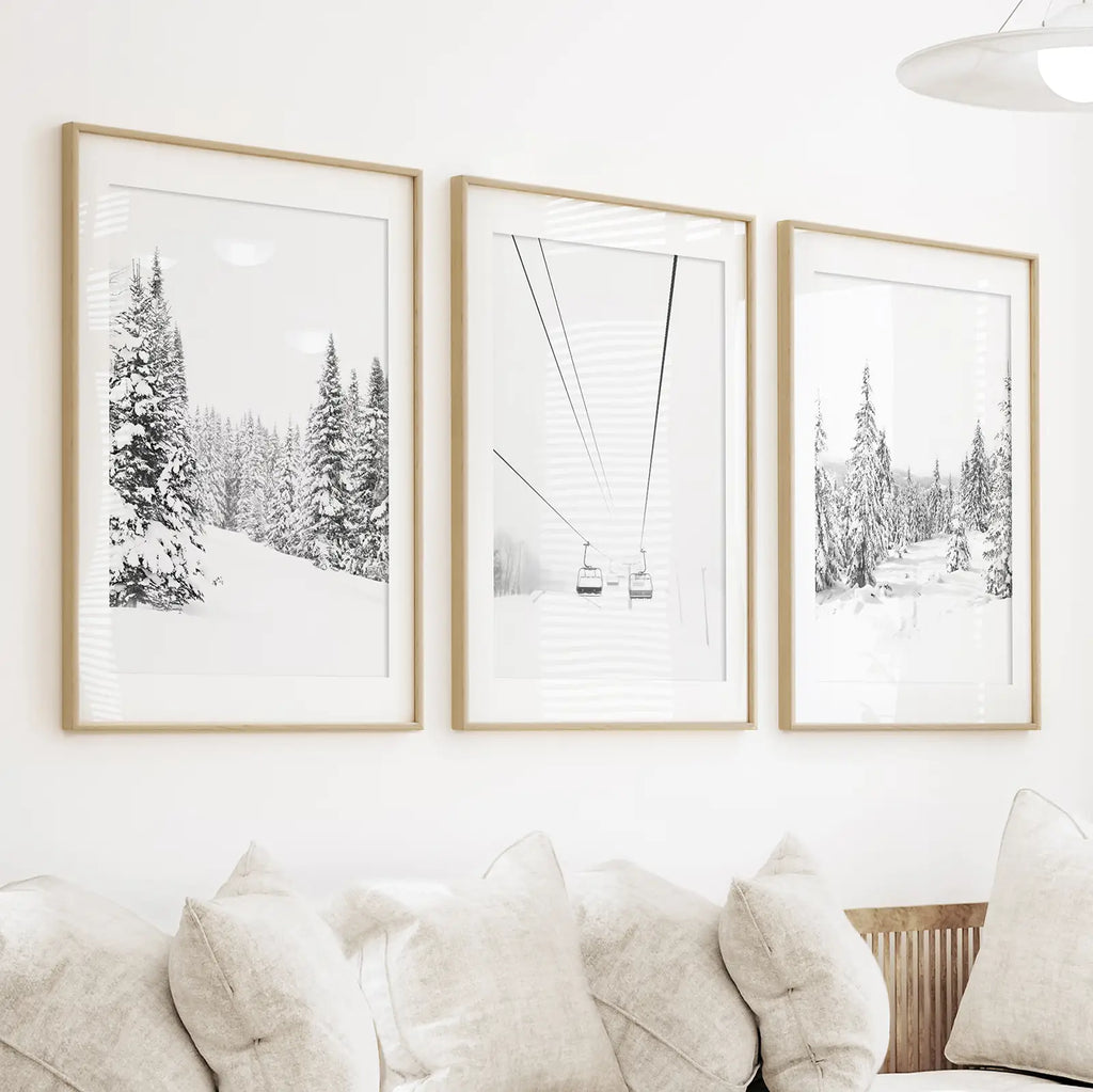 Winter Skiing Black White Wall Art. Ski Lift, Snowy Forest