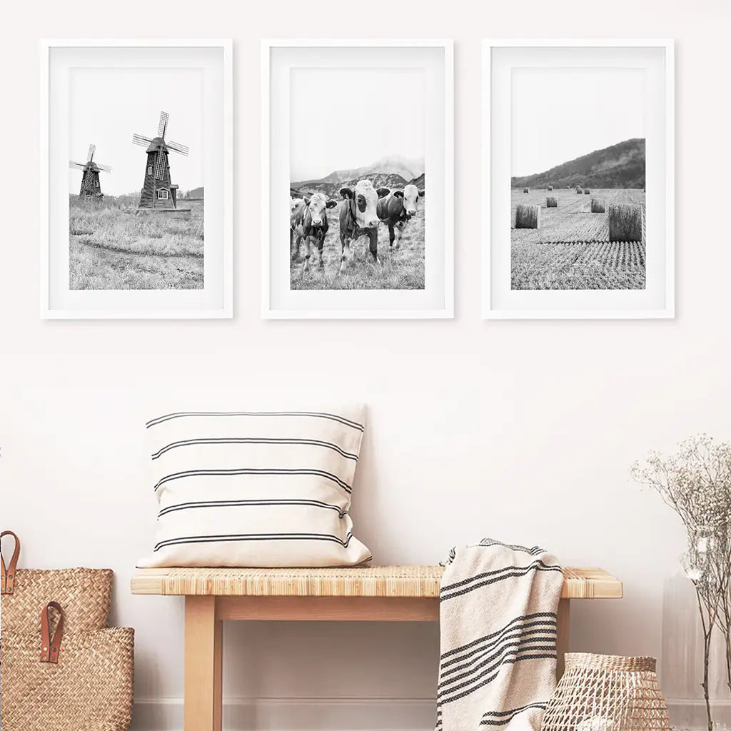 Farmhouse Black White Wall Art. Windmill, 3 Cows, Hay Bales