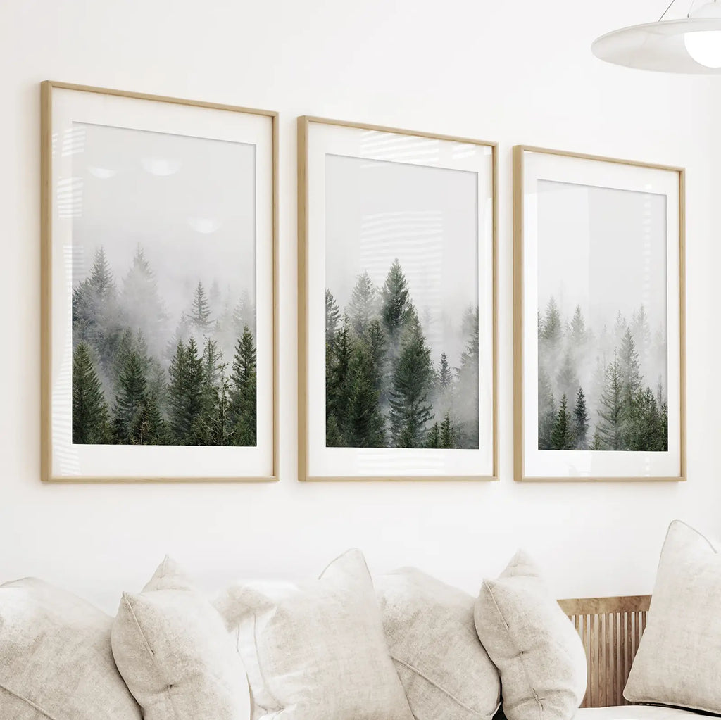 Pine Tree Foggy Forest Triptych. Nordic Wall Decor