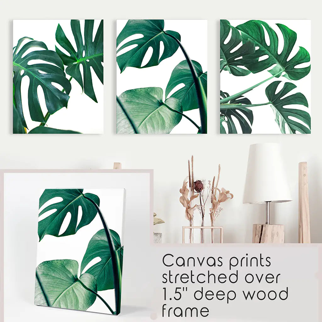 3 Piece Green Monstera Leaf Print Set. Tropical Decor