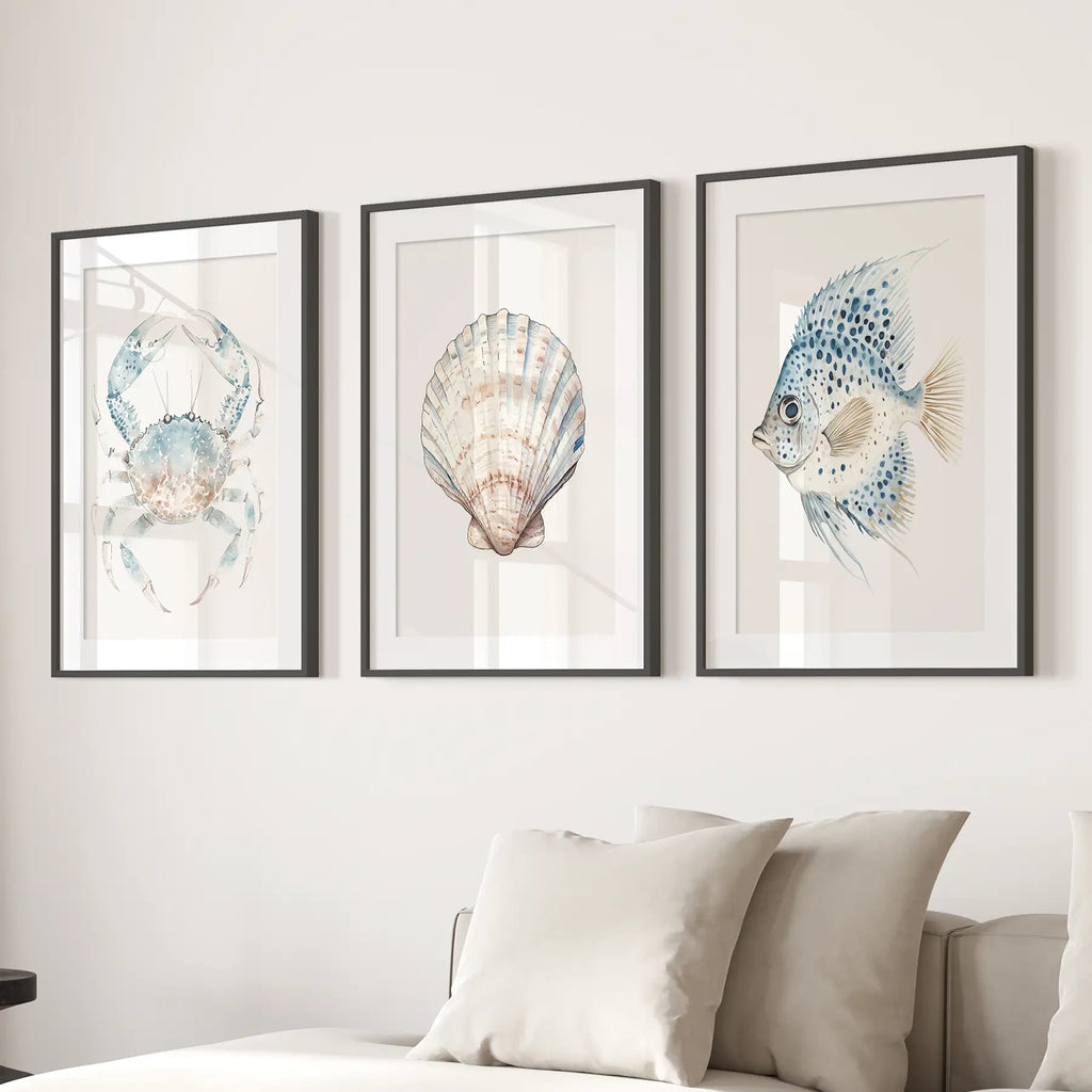 Watercolor Light Blue Nautical 3 Piece Art. Crab, Shell, Fish