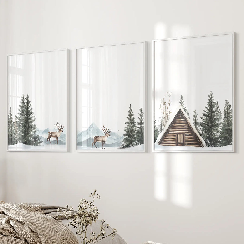 Rustic Cabin, Snowy Forest Prints. 3 Piece Winter Wall Art