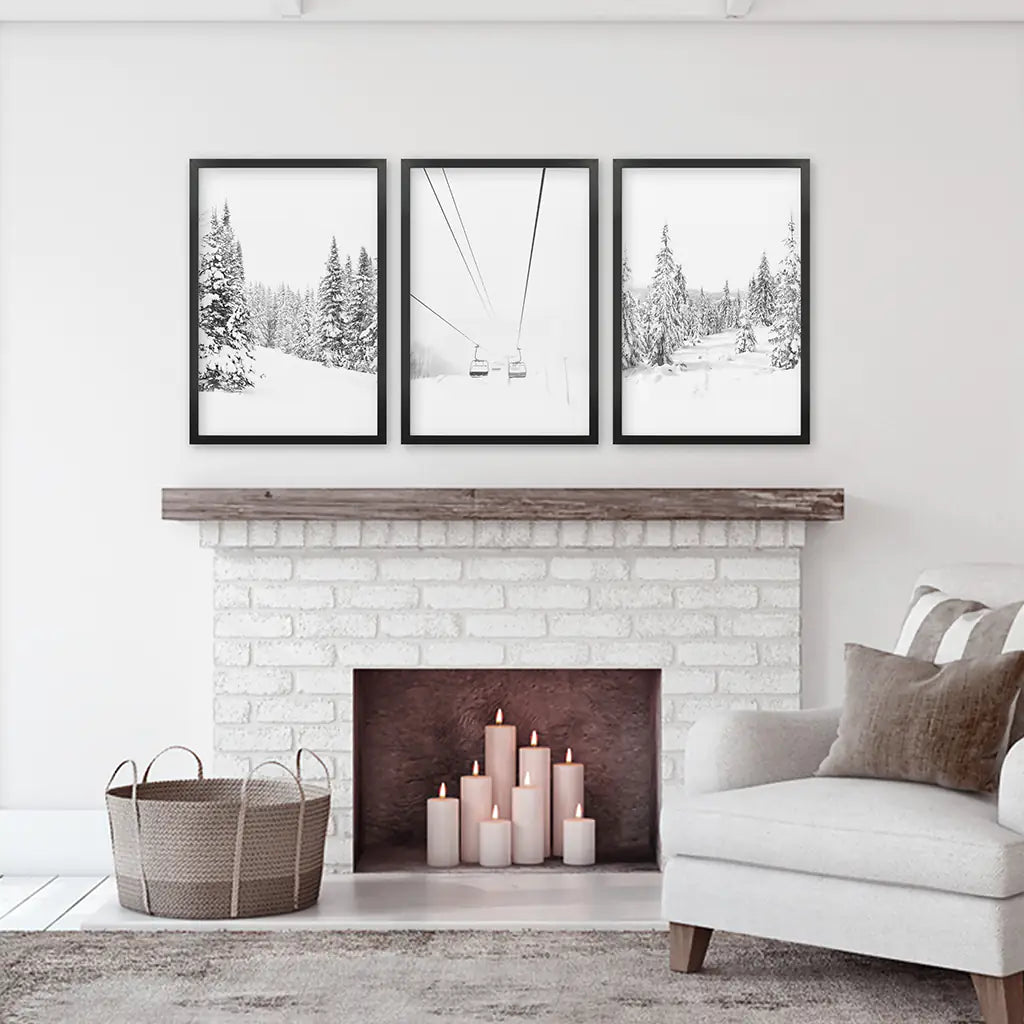 Winter Skiing Black White Wall Art. Ski Lift, Snowy Forest