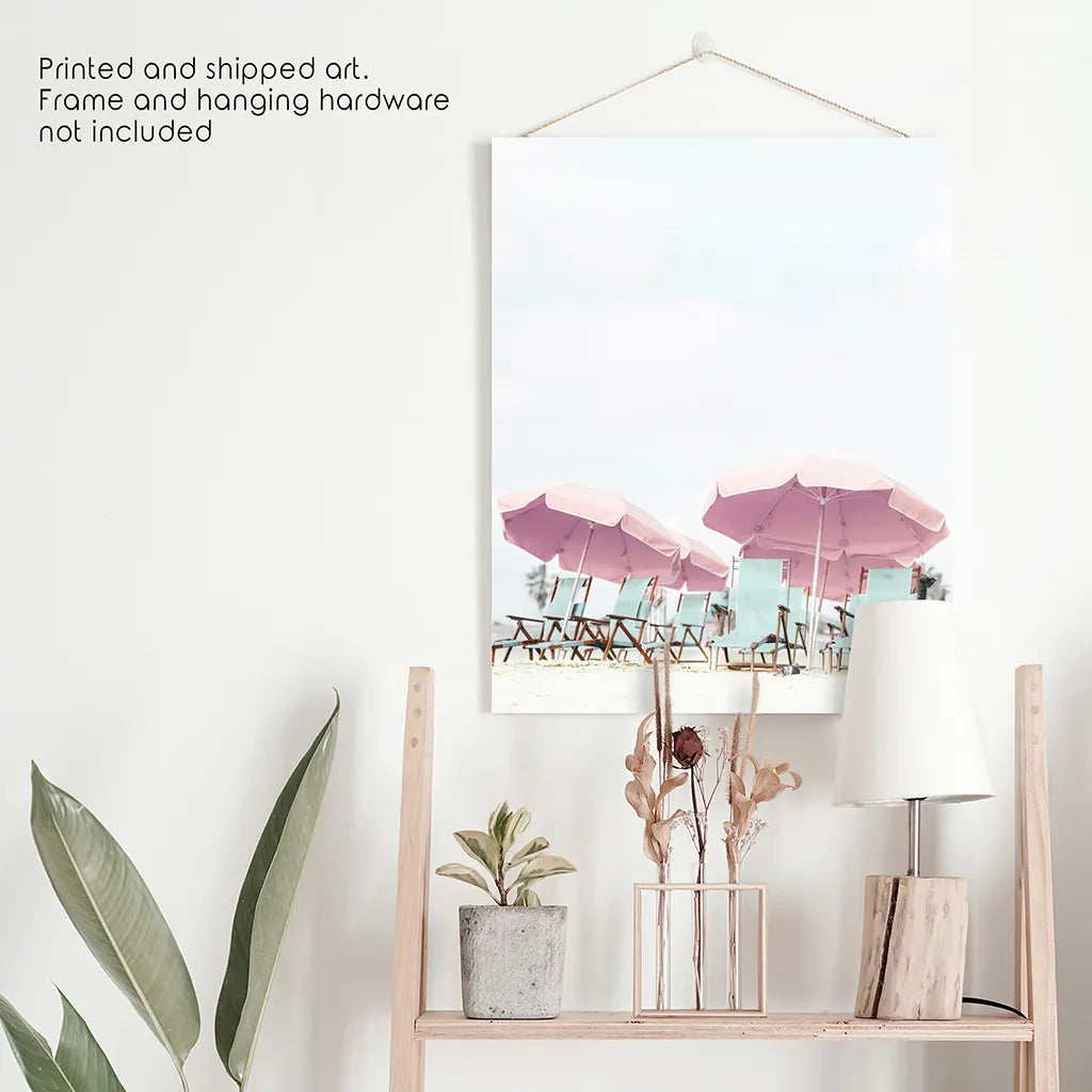 Pink Umbrella Wall Art Print. Summer Beach Theme