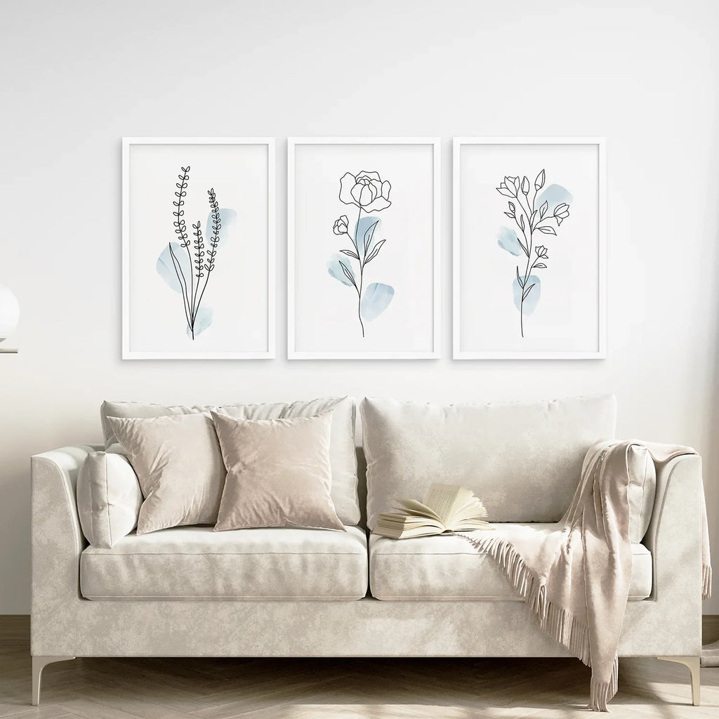 Botanical Line Art Set of 3 Pieces. Pastel Blue Flowers