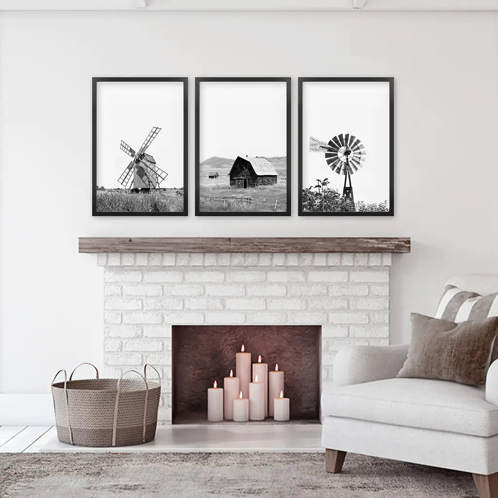 Black White Set of 3 Farm Style Prints. Windmill, Barn, Vane