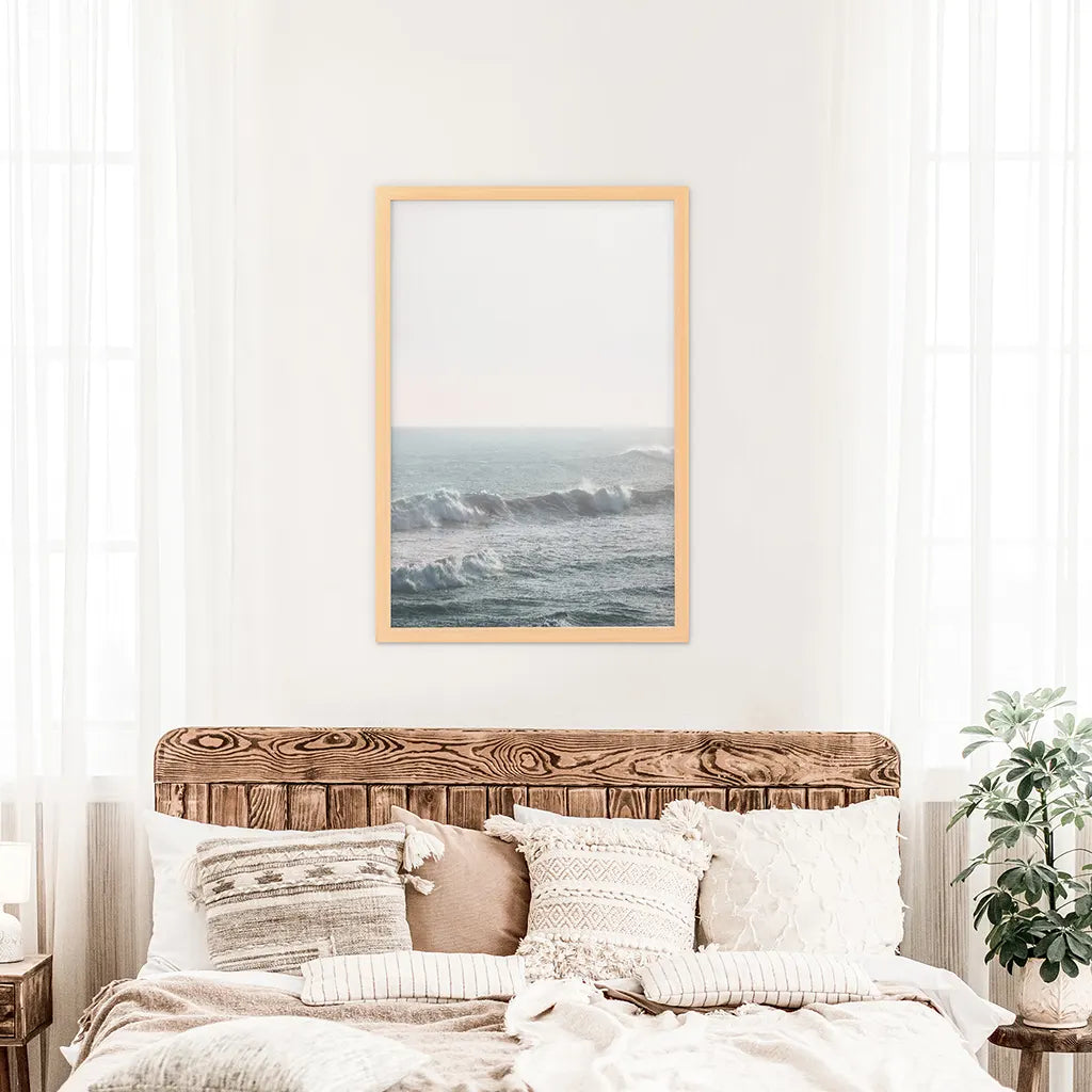 Pink Sunset and Ocean Waves Print. Coastal Wall Art