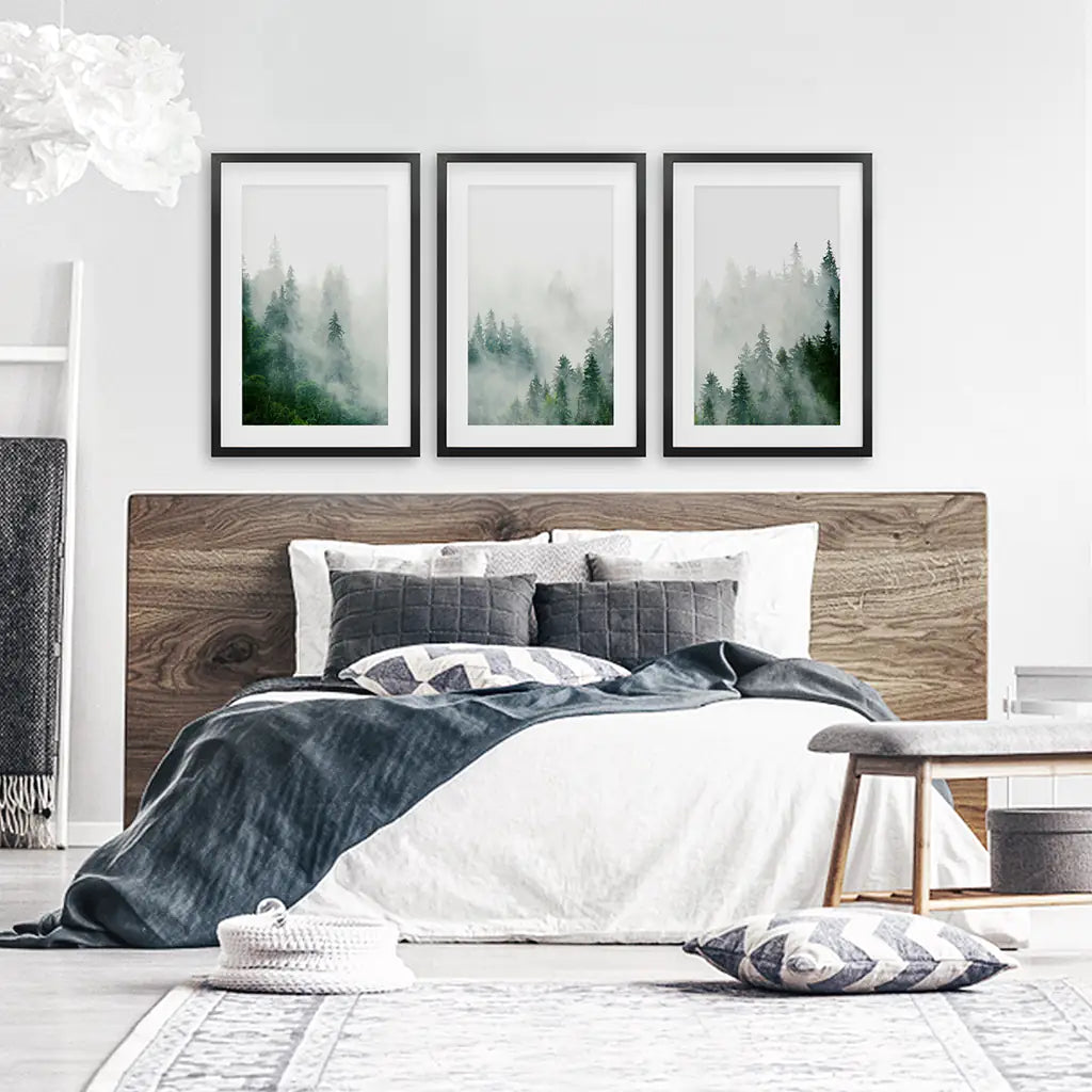 Evergreen Misty Forest Triptych. Set of 3 Prints