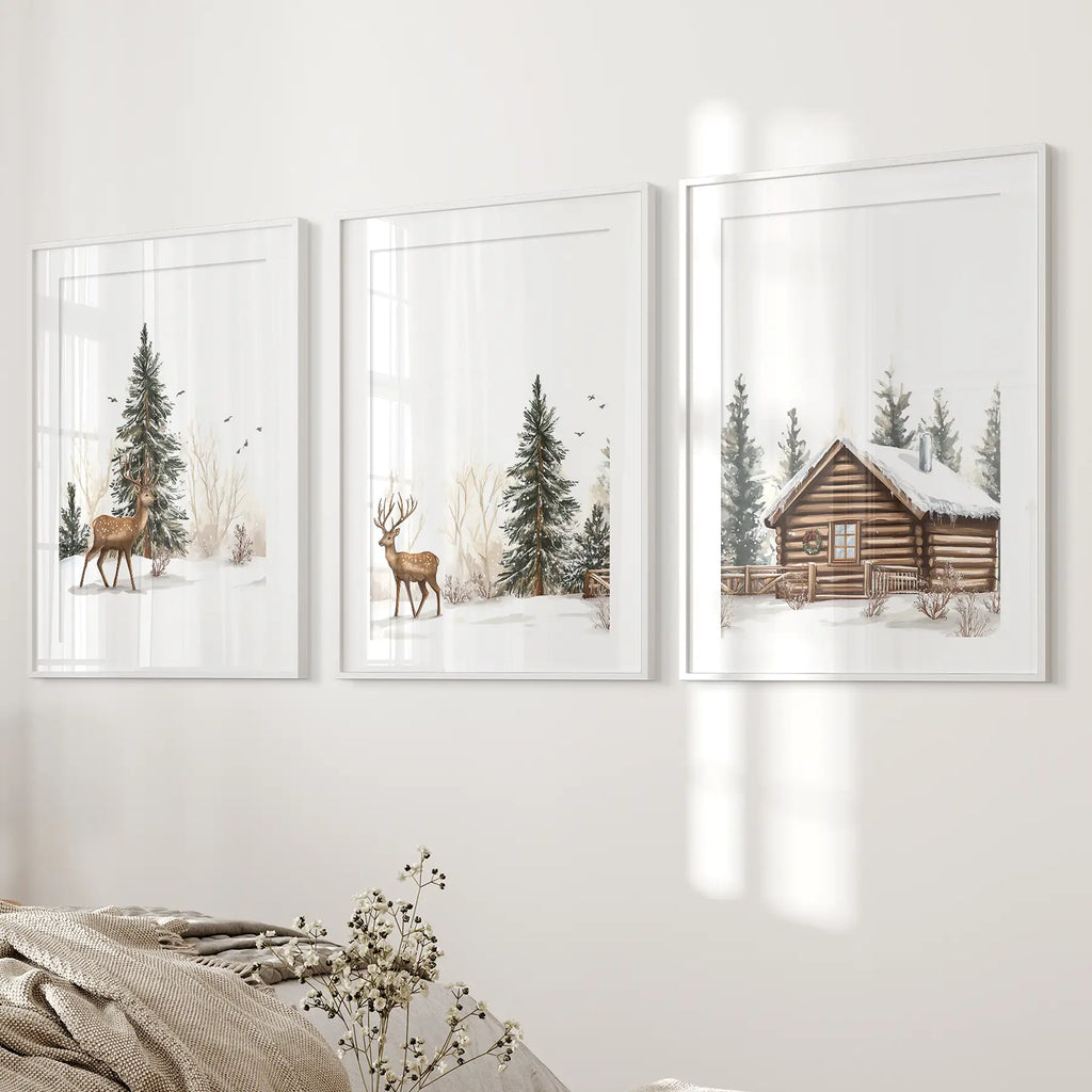 Deer and Cabin Winter 3 Piece Wall Art. Rustic Nordic Prints