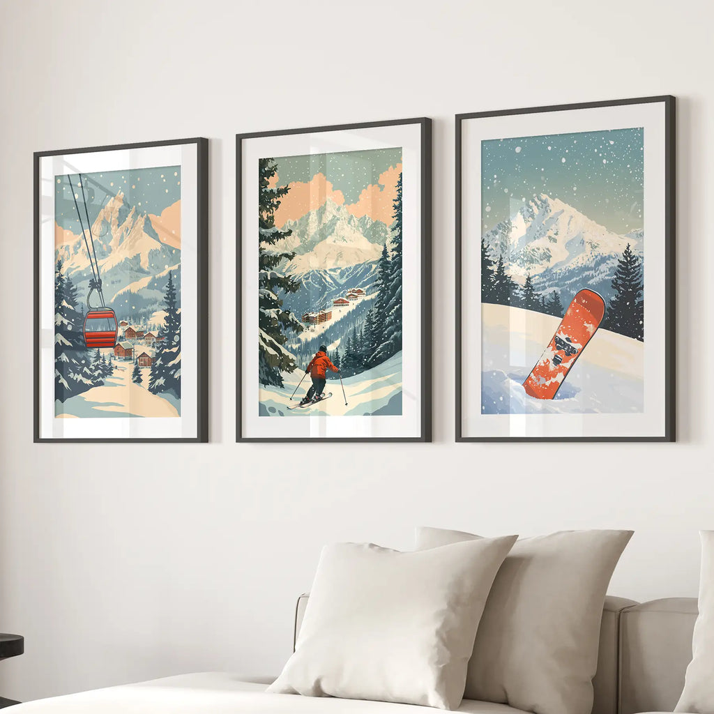 Vintage Ski Poster Set of 3. Snowboard, Skier & Ski Lift Wall Art