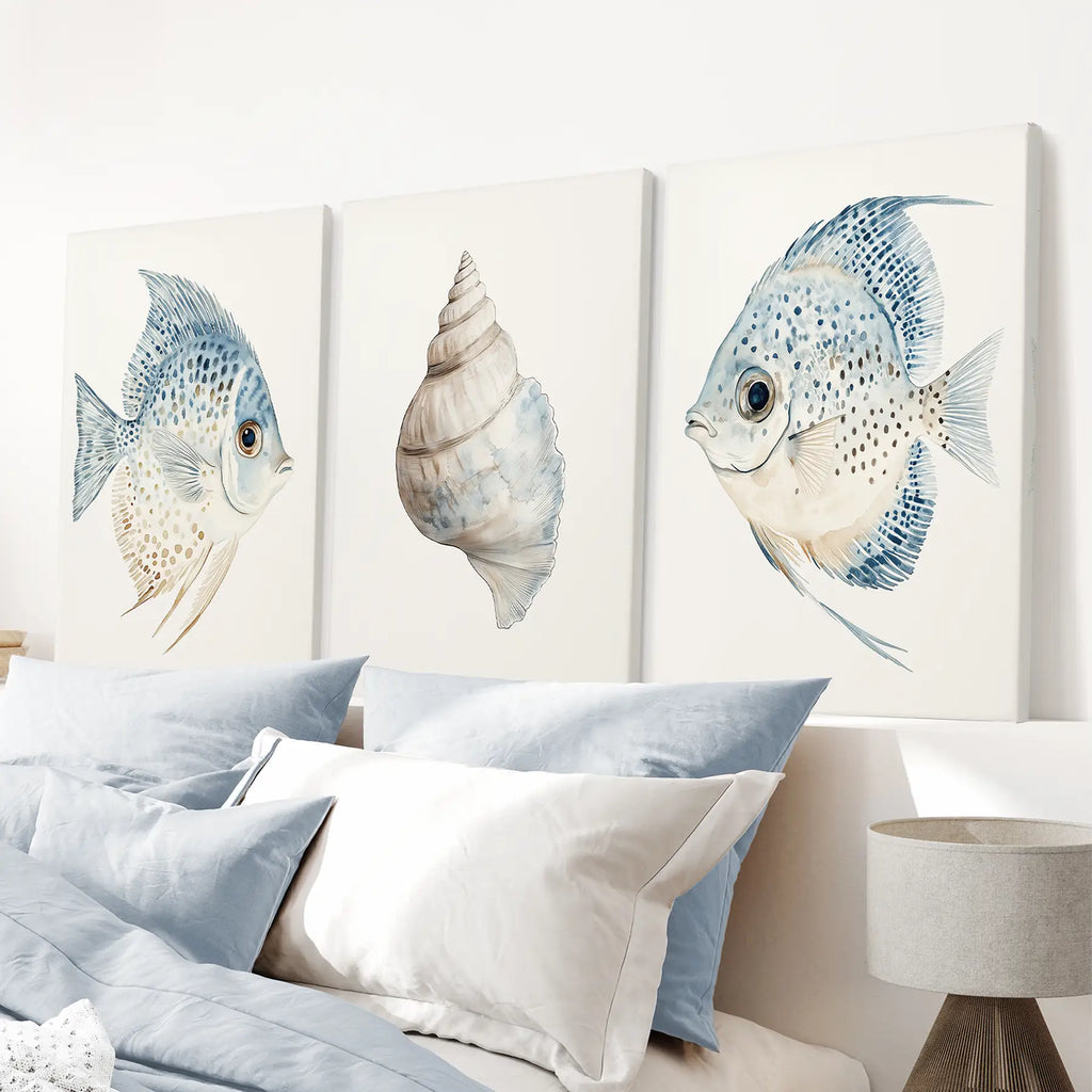Trendy Nautical Wall Art Set of 3. Seashell and Fishes Posters