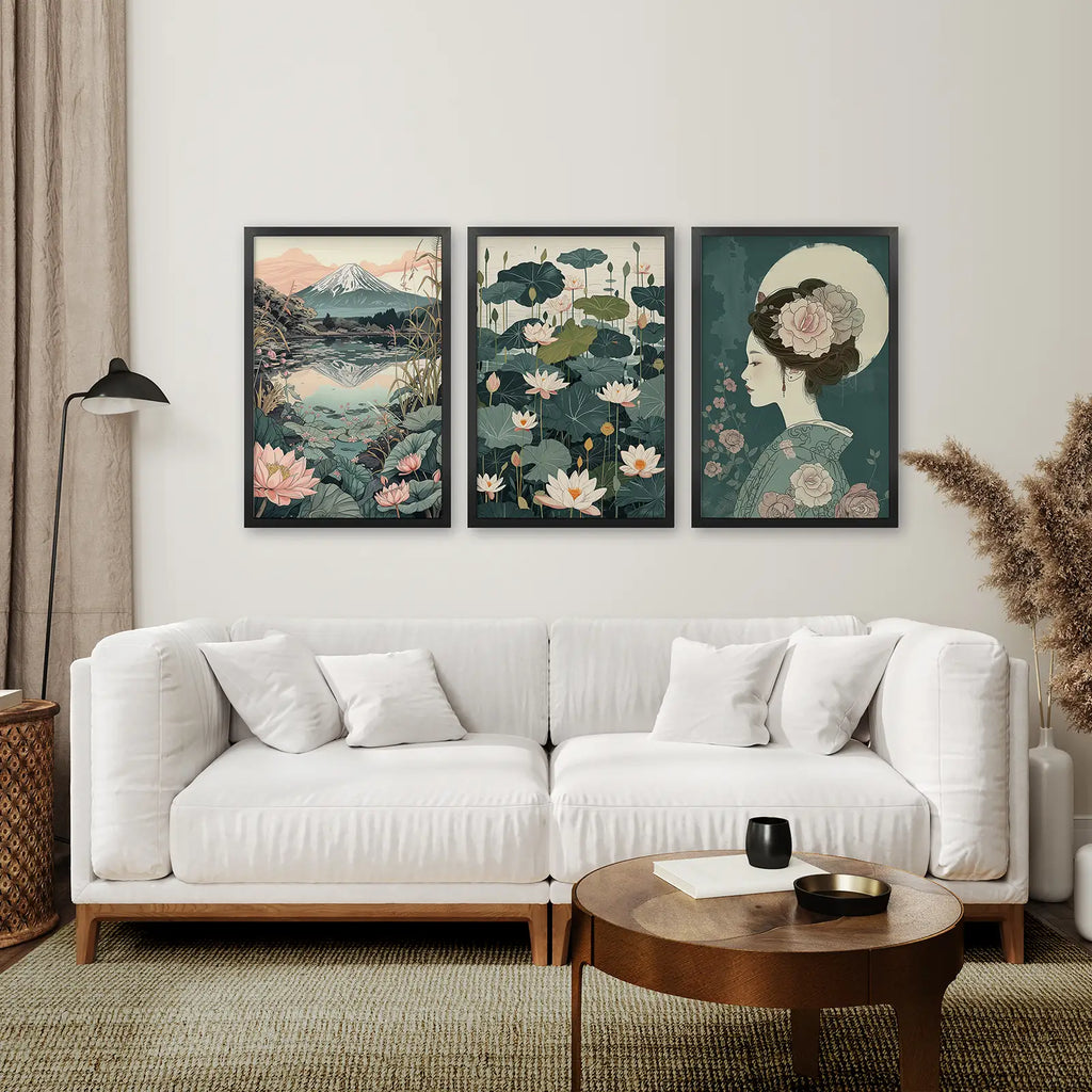 Japanese Nature Wall Art Set. Geisha Poster, Fuji Mountain
