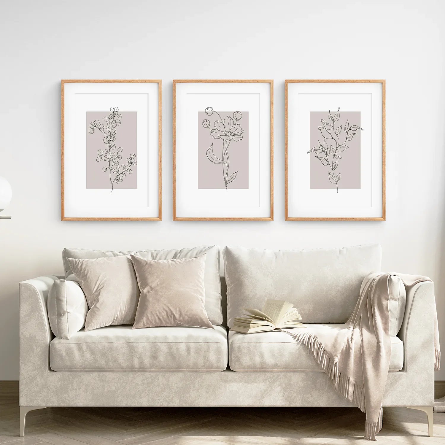 Pastel Botanical Wall Art Set of 3 Pieces. Gray and Beige