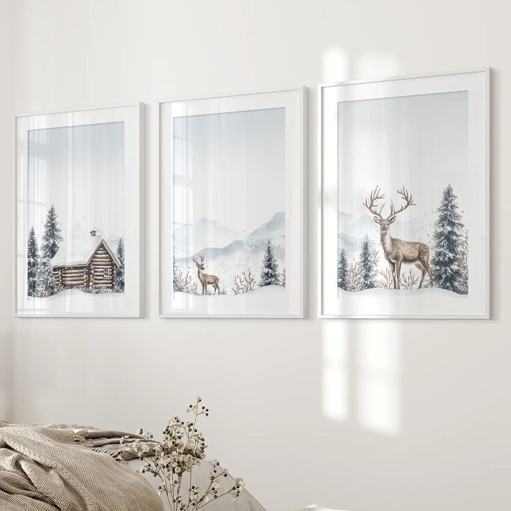 Snowy Deer Wall Art Set of 3. Winter Woodland Prints