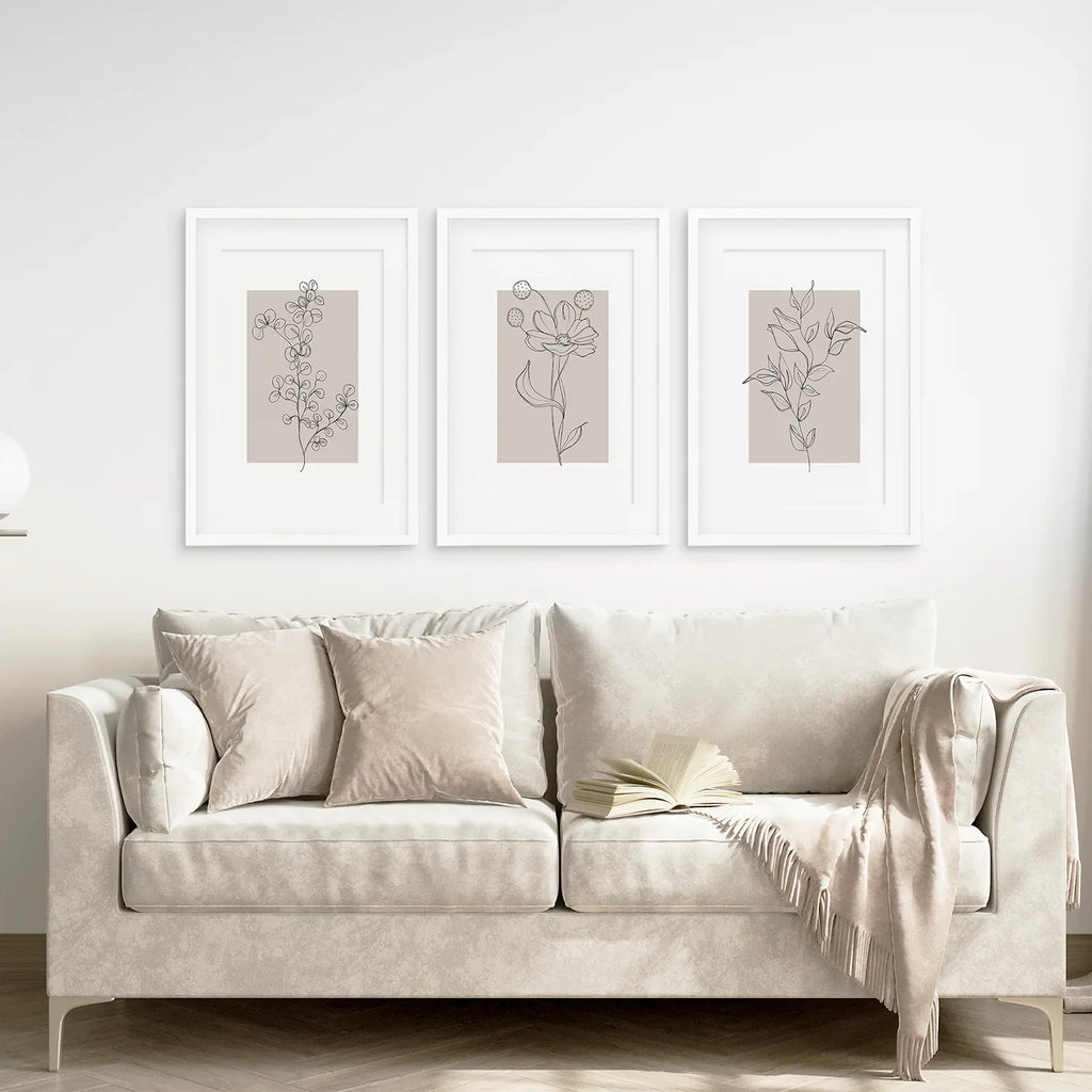 Pastel Botanical Wall Art Set of 3 Pieces. Gray and Beige