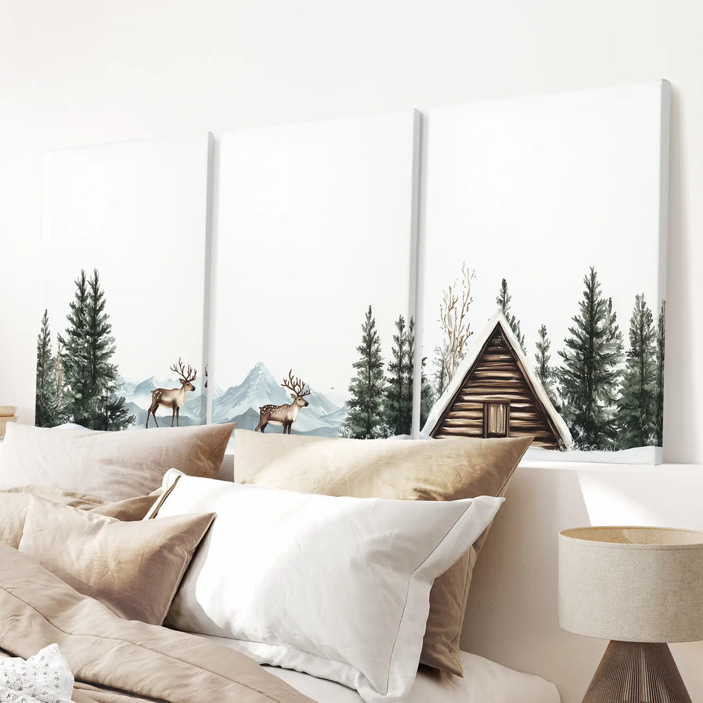 Rustic Cabin, Snowy Forest Prints. 3 Piece Winter Wall Art