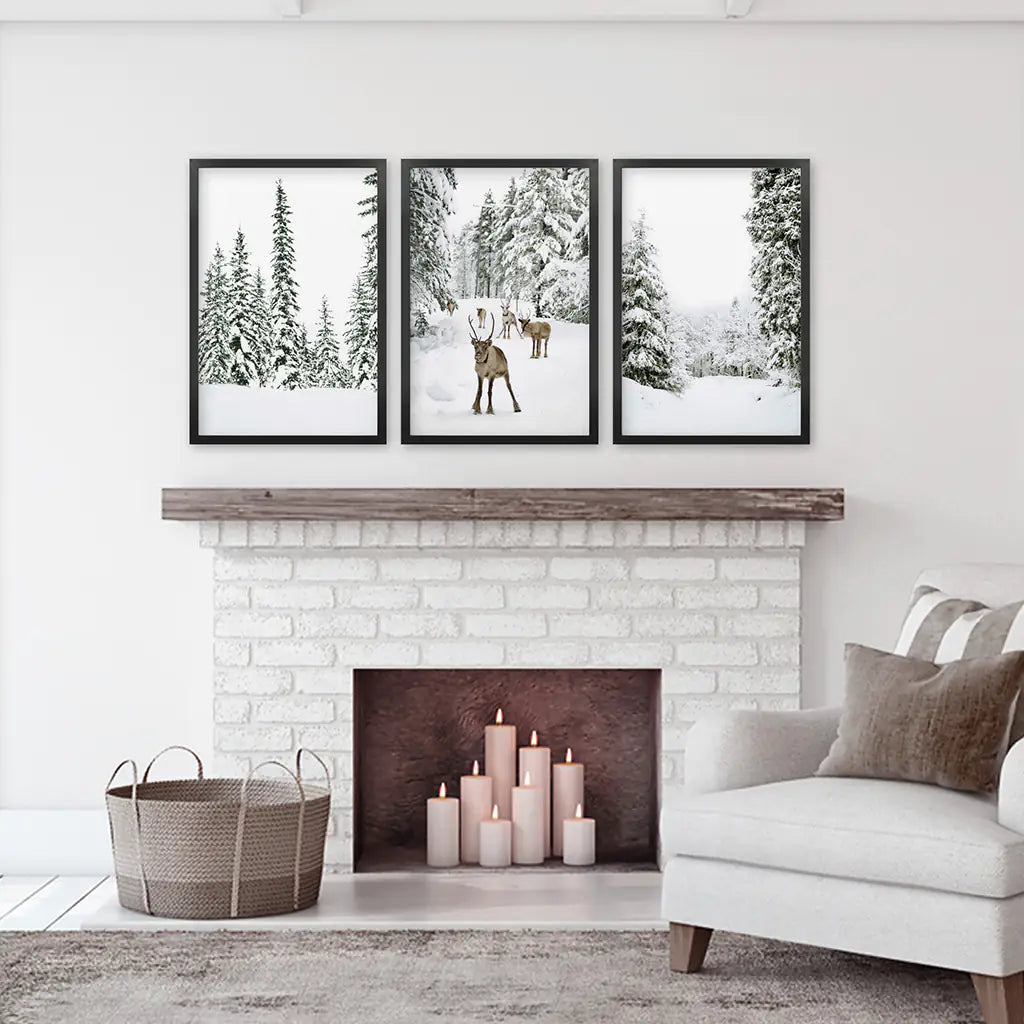 3 Piece Winter Landscape Wall Art. Snowy Pine Forest, Fawn