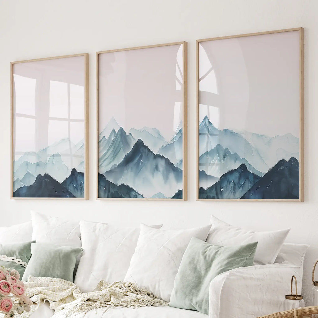 Modern Blue Watercolor Mountain Landscape Prints
