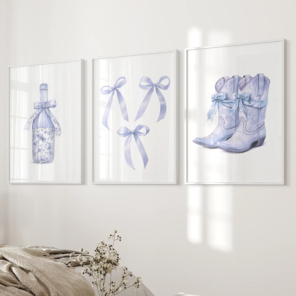 Trendy Blue Bows Girly Wall Art Set of 3 Print