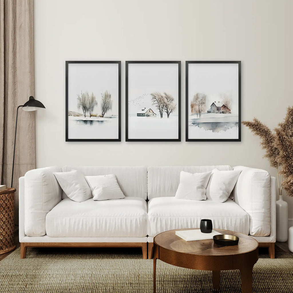 Winter Farm Tree Watercolor Wall Art Poster Set