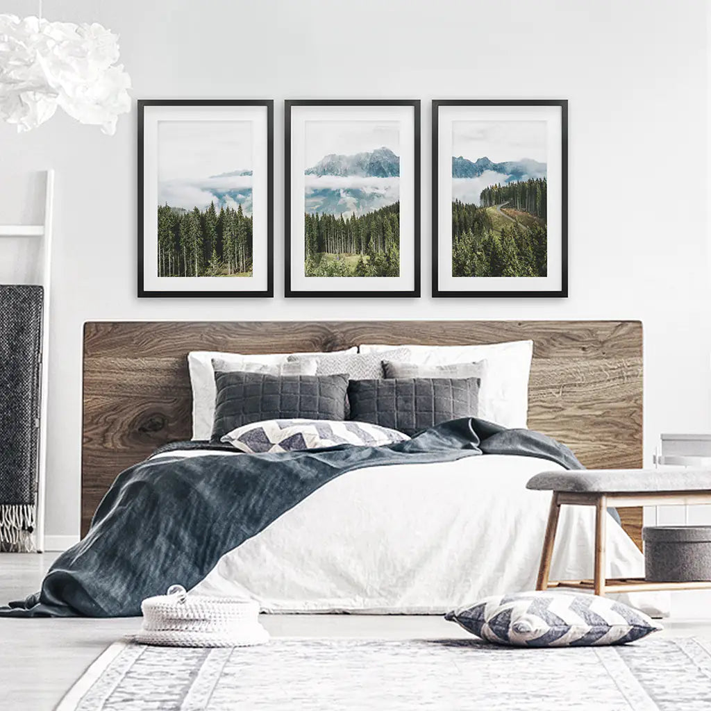 Green Pine Tree Forest. Blue Foggy Mountains. Set of 3 Prints