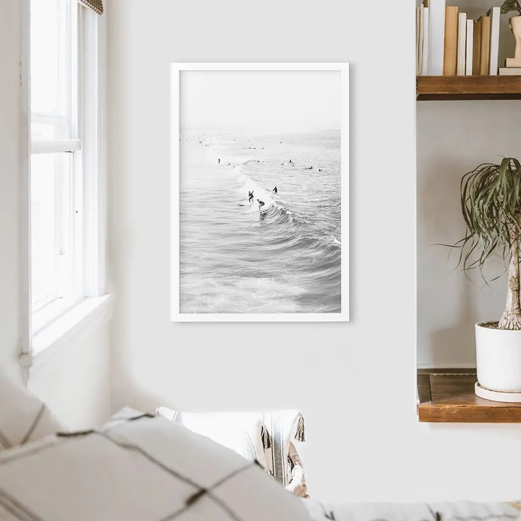 Black White Surfers on the Waves Wall Art Print
