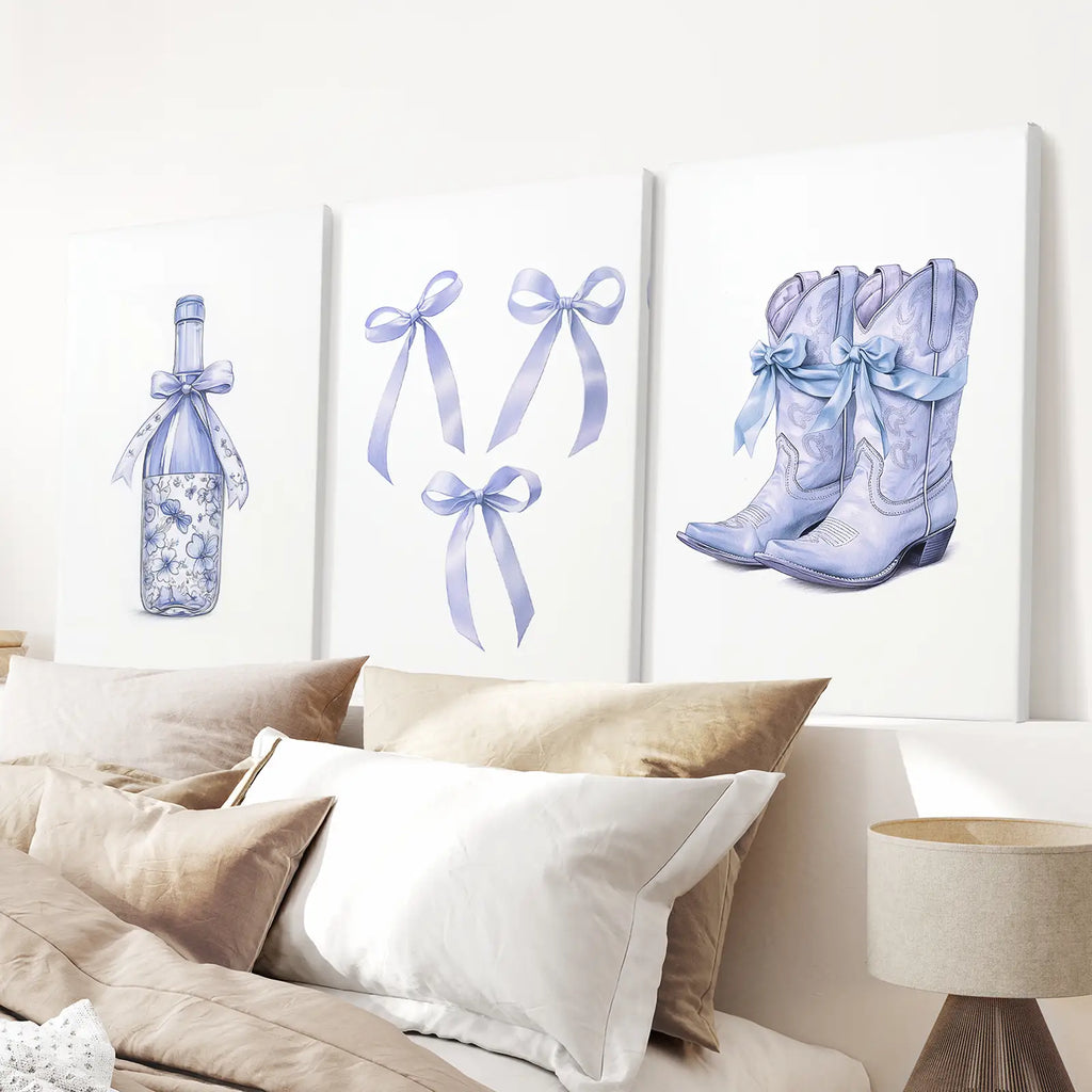 Trendy Blue Bows Girly Wall Art Set of 3 Print