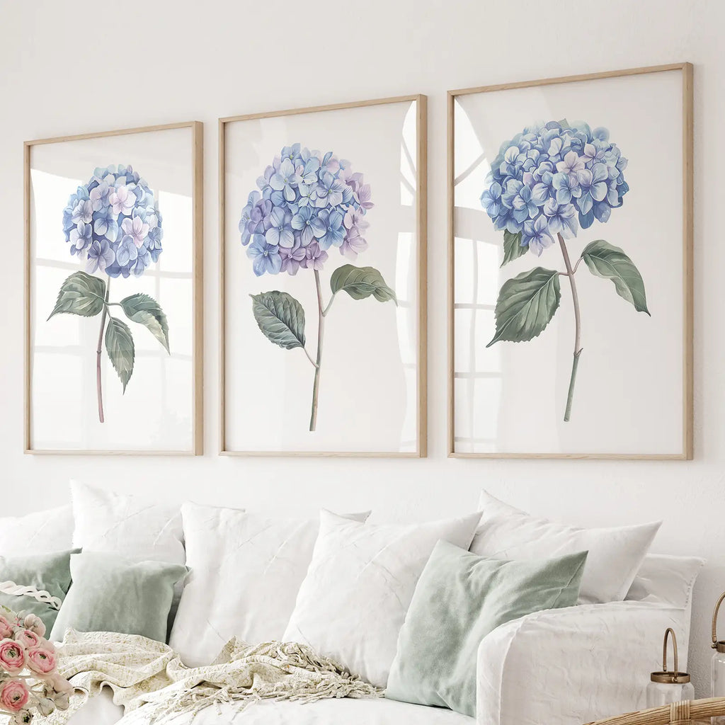 Light Blue Hydrangea Flower Wall Art Poster Set