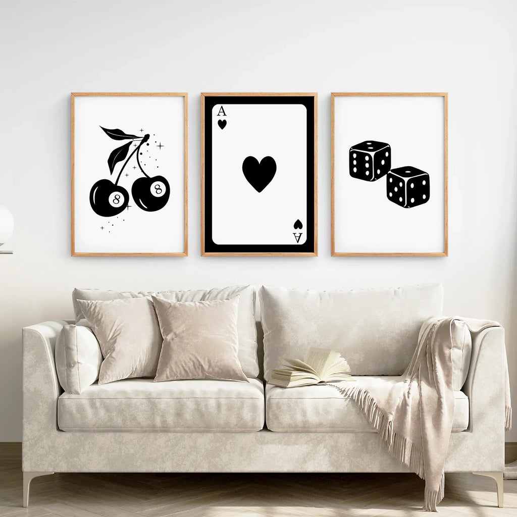 Set of Three Piece Playing Cards Black and White Decor