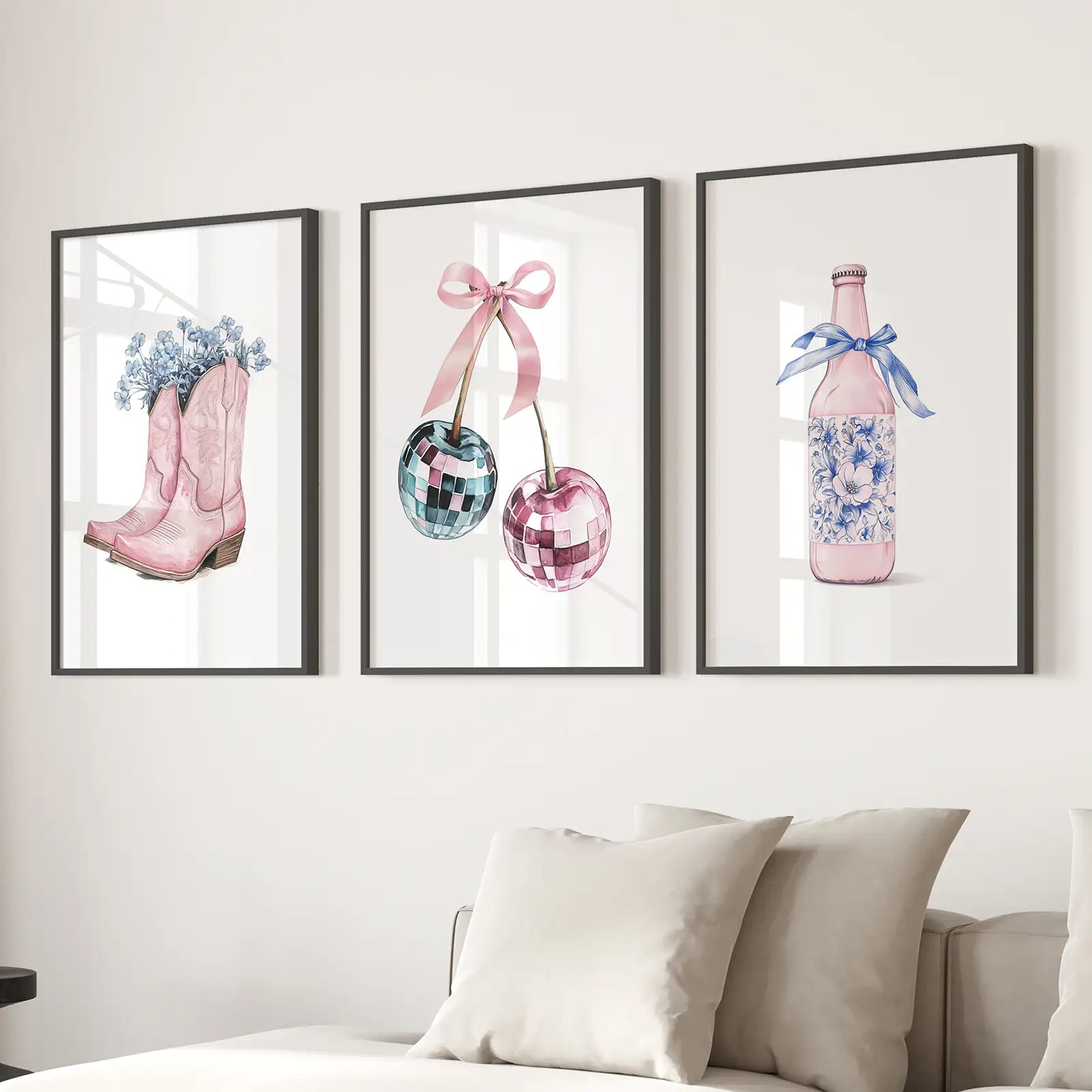 Cherries Disco Ball Preppy Pink Wall Art Prints