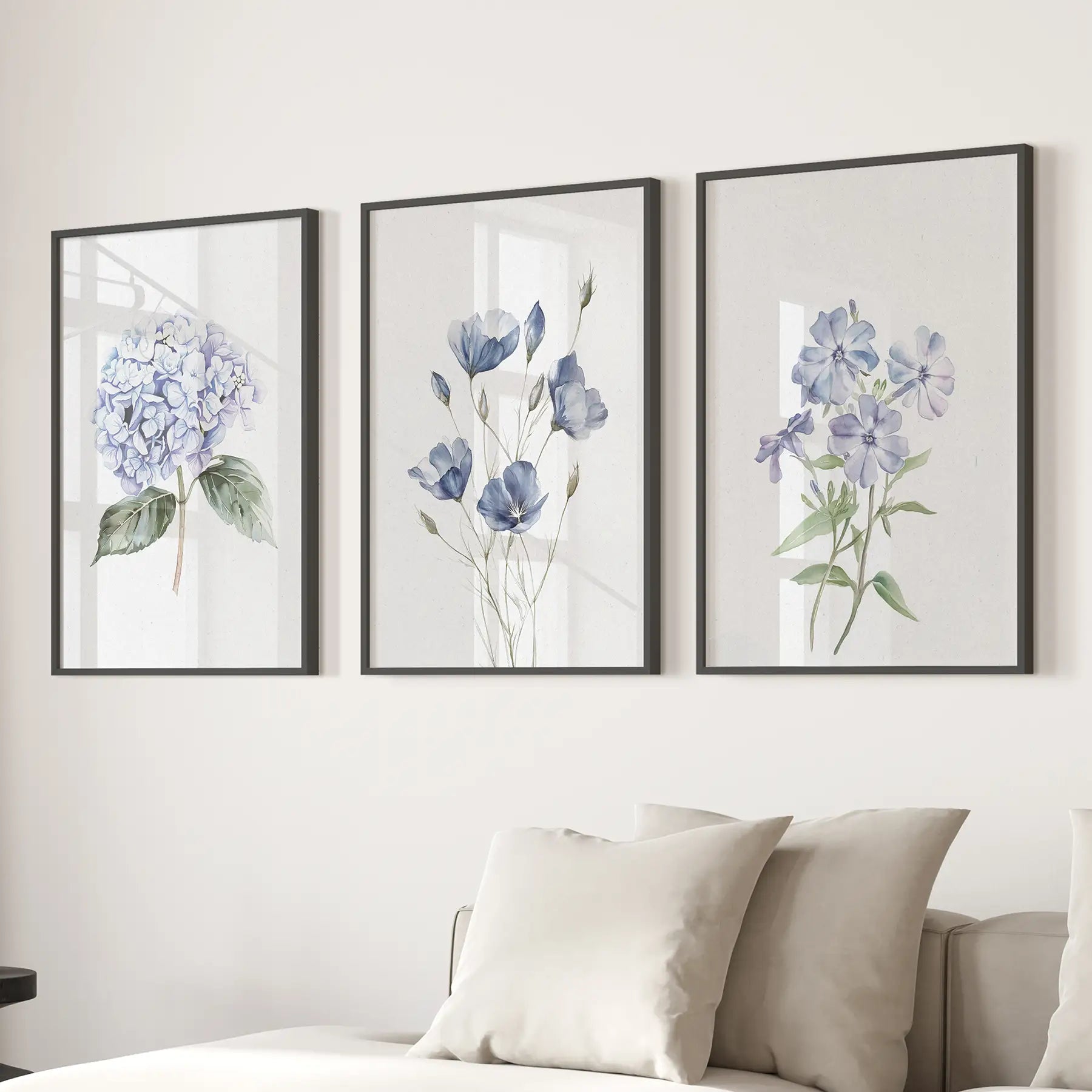 Watercolor Blue Flowers.Wall Art Set of 3 Piece