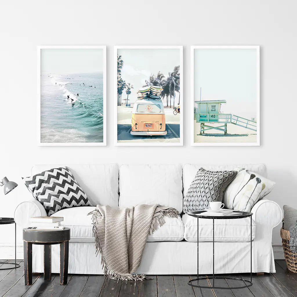 California Wall Art. Surfers on the Waves, Yellow Van, Lifeguard