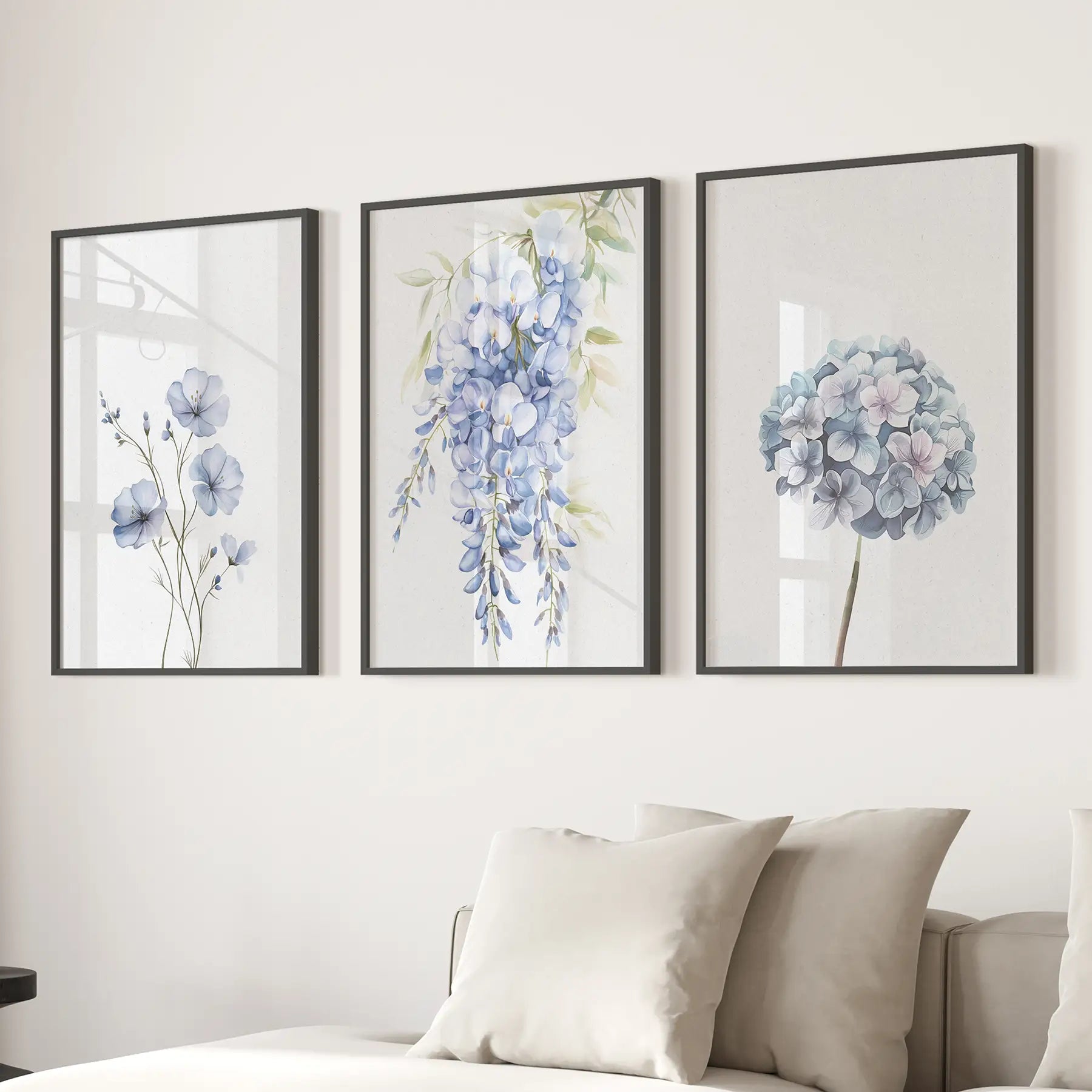 Set of 3 Blue Watercolor Minimalist Flowers Prints