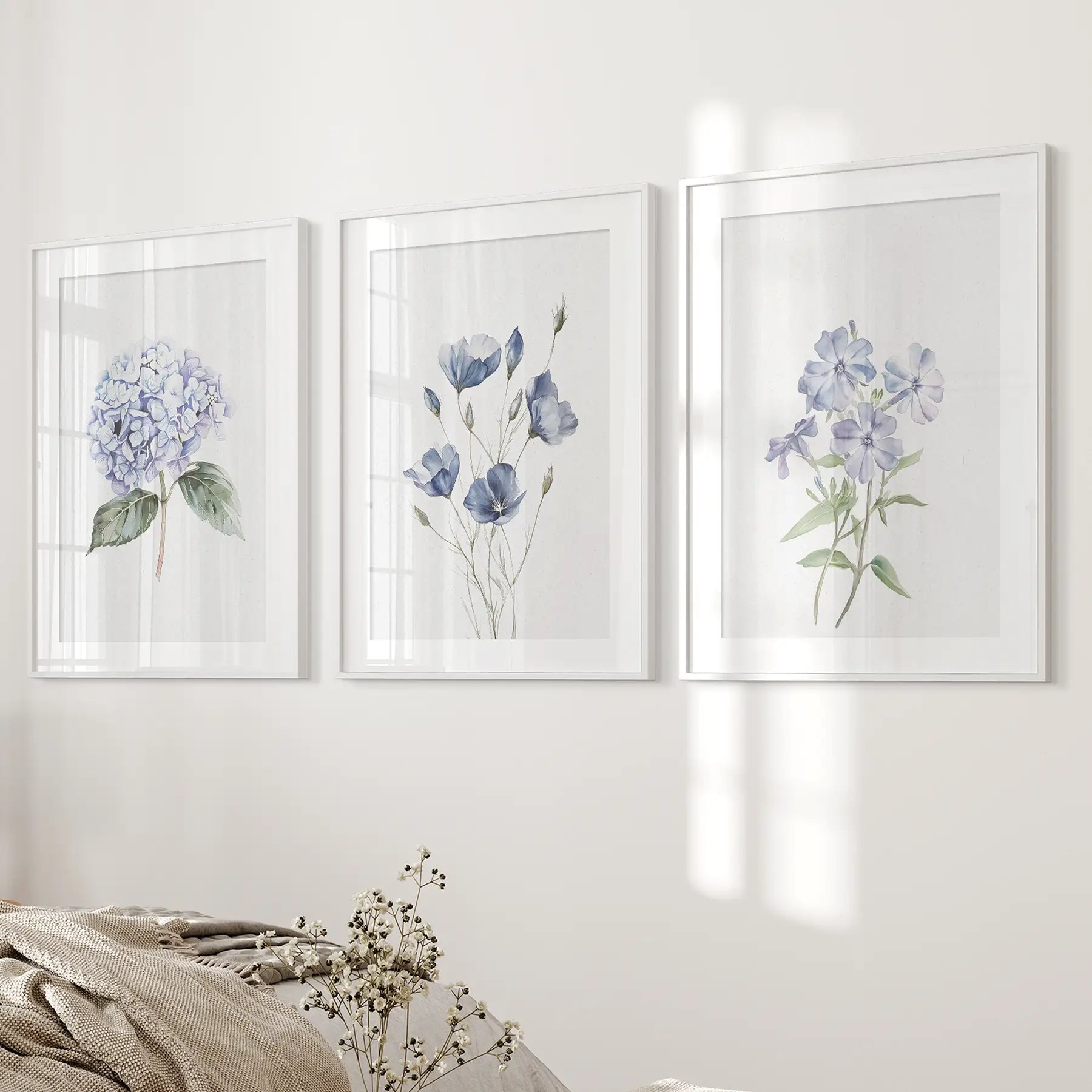 Watercolor Blue Flowers.Wall Art Set of 3 Piece