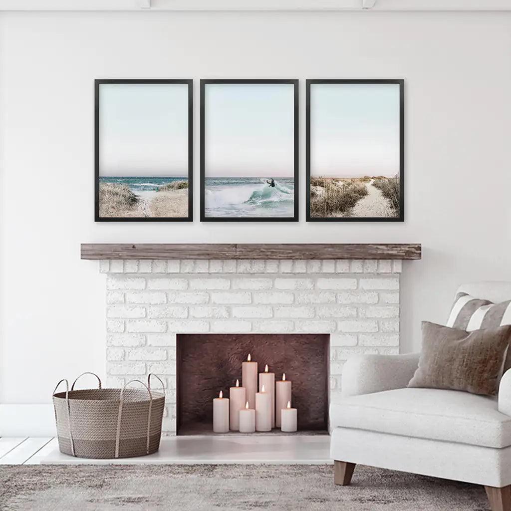 Ocean Surfing 3 Piece Wall Art. Blue Waves, Sandy Beach Path