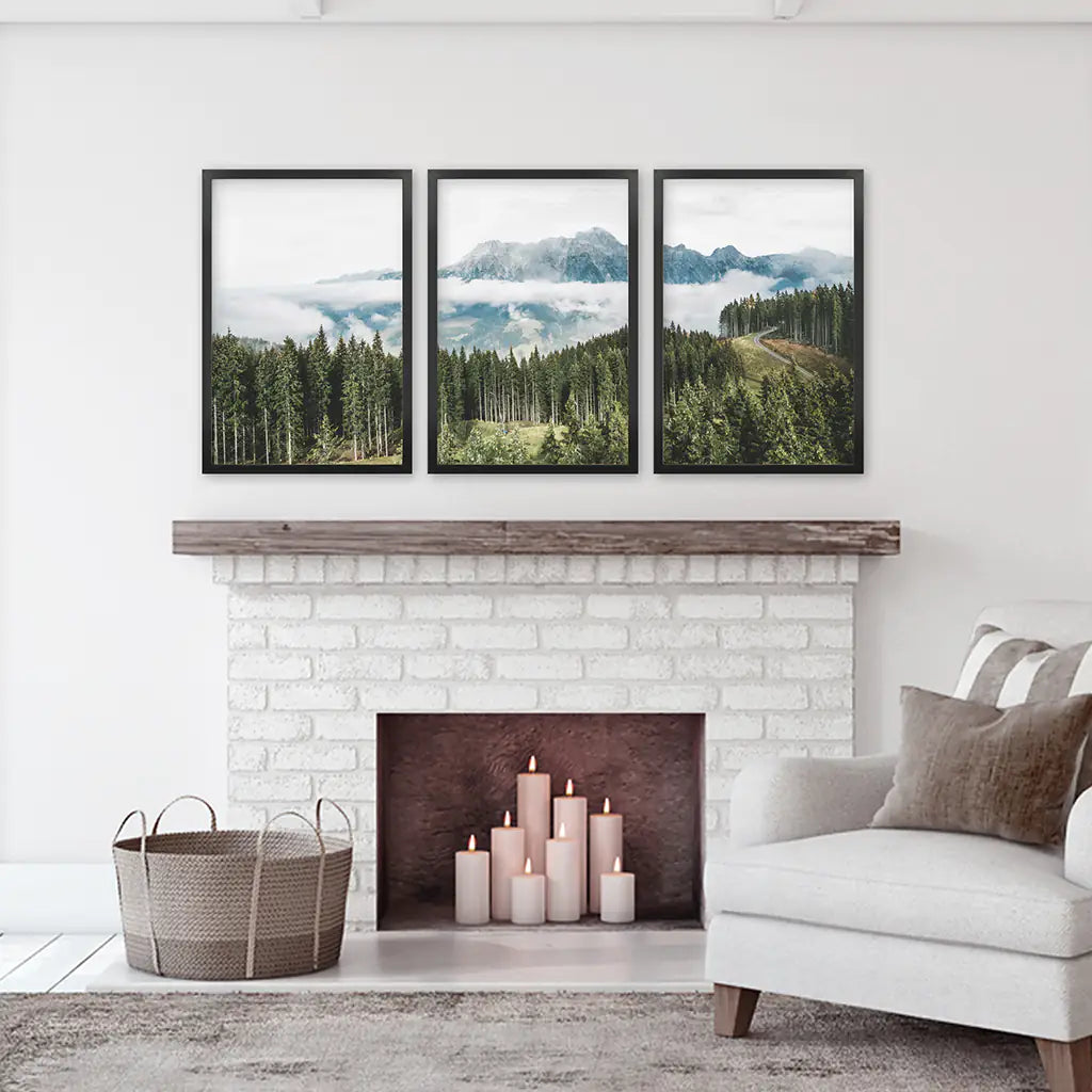 Green Pine Tree Forest. Blue Foggy Mountains. Set of 3 Prints