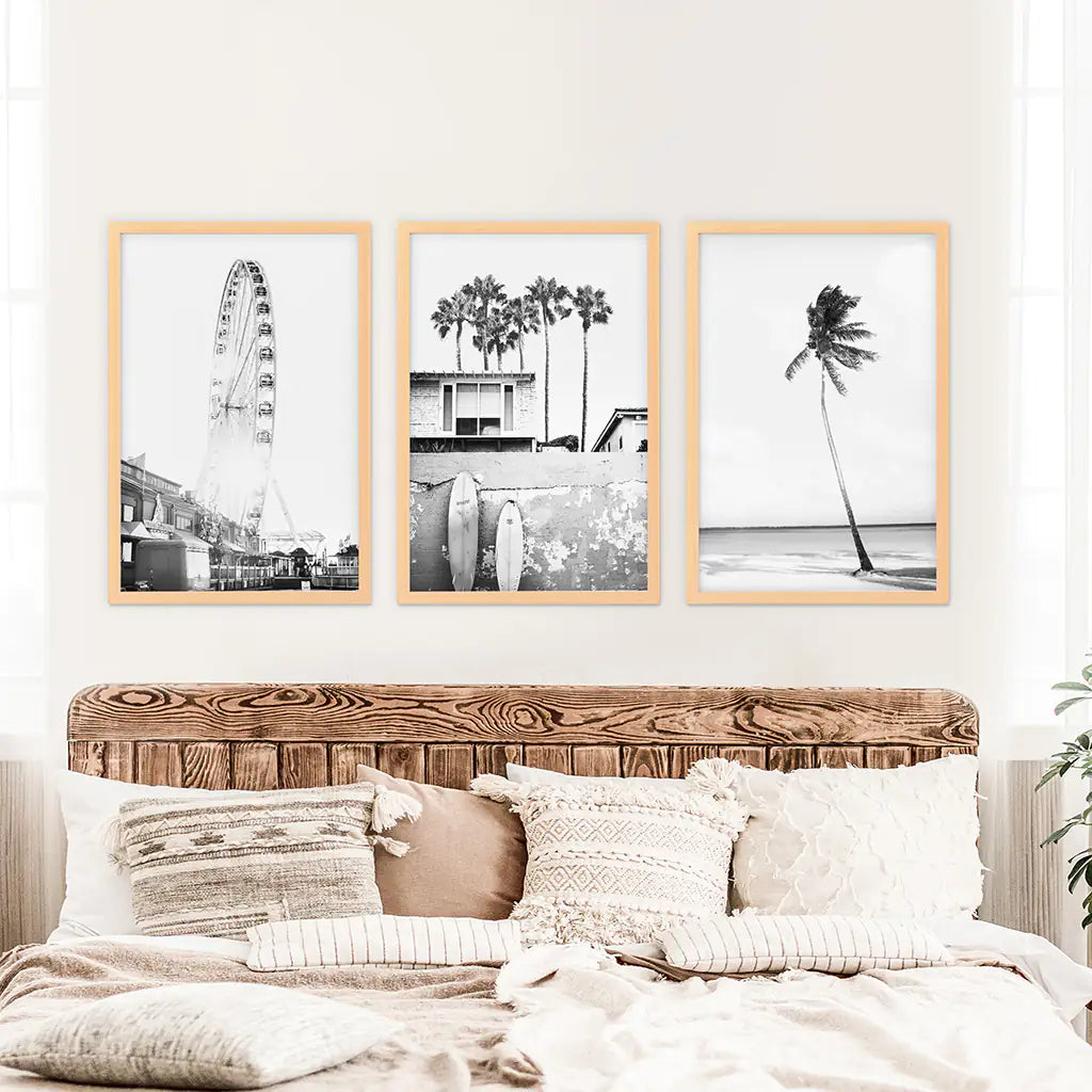Black White Coastal Wall Art. Ferris Wheel, Surfboards, Palm