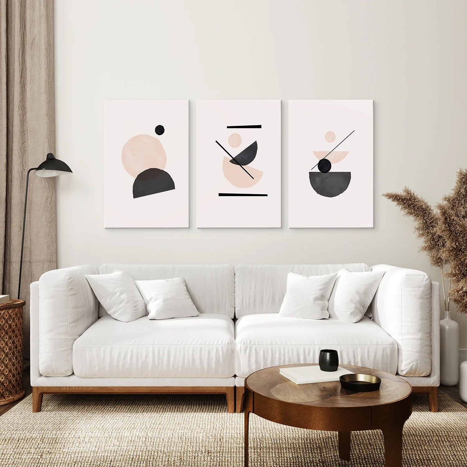 3 Piece Mid-Century Abstract Art. Beige and Black