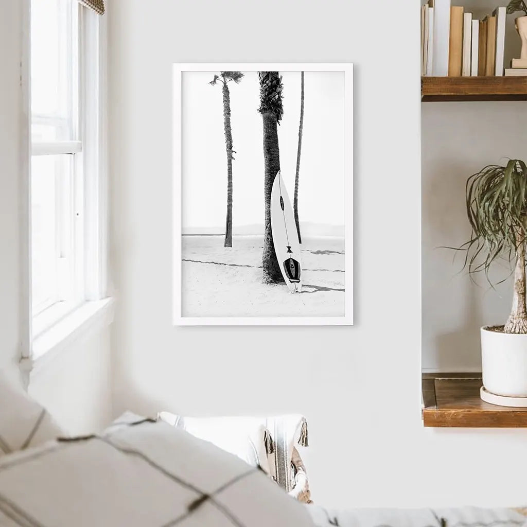 Black White Boho Summer Poster. Surfboard, Palm Trees