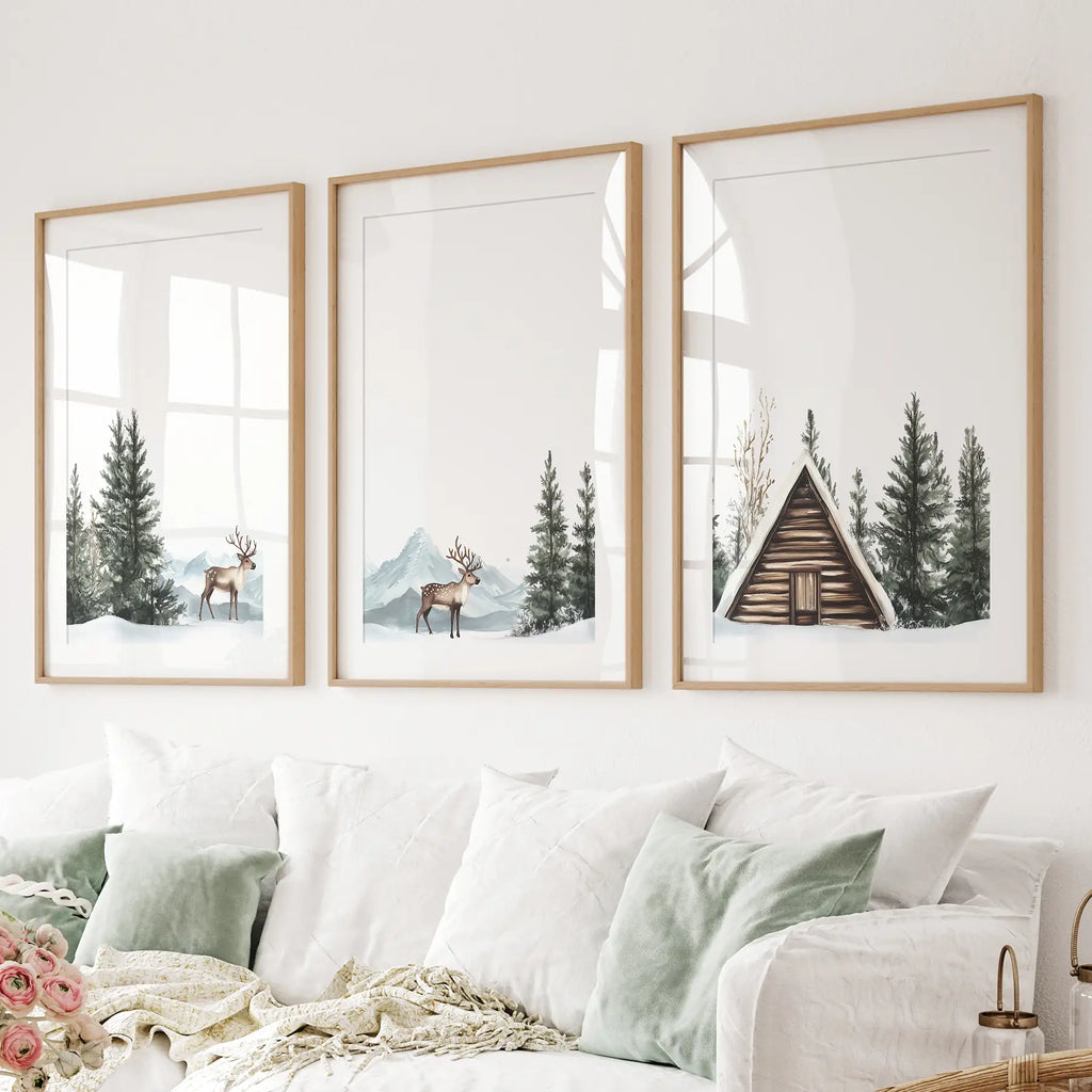 Rustic Cabin, Snowy Forest Prints. 3 Piece Winter Wall Art