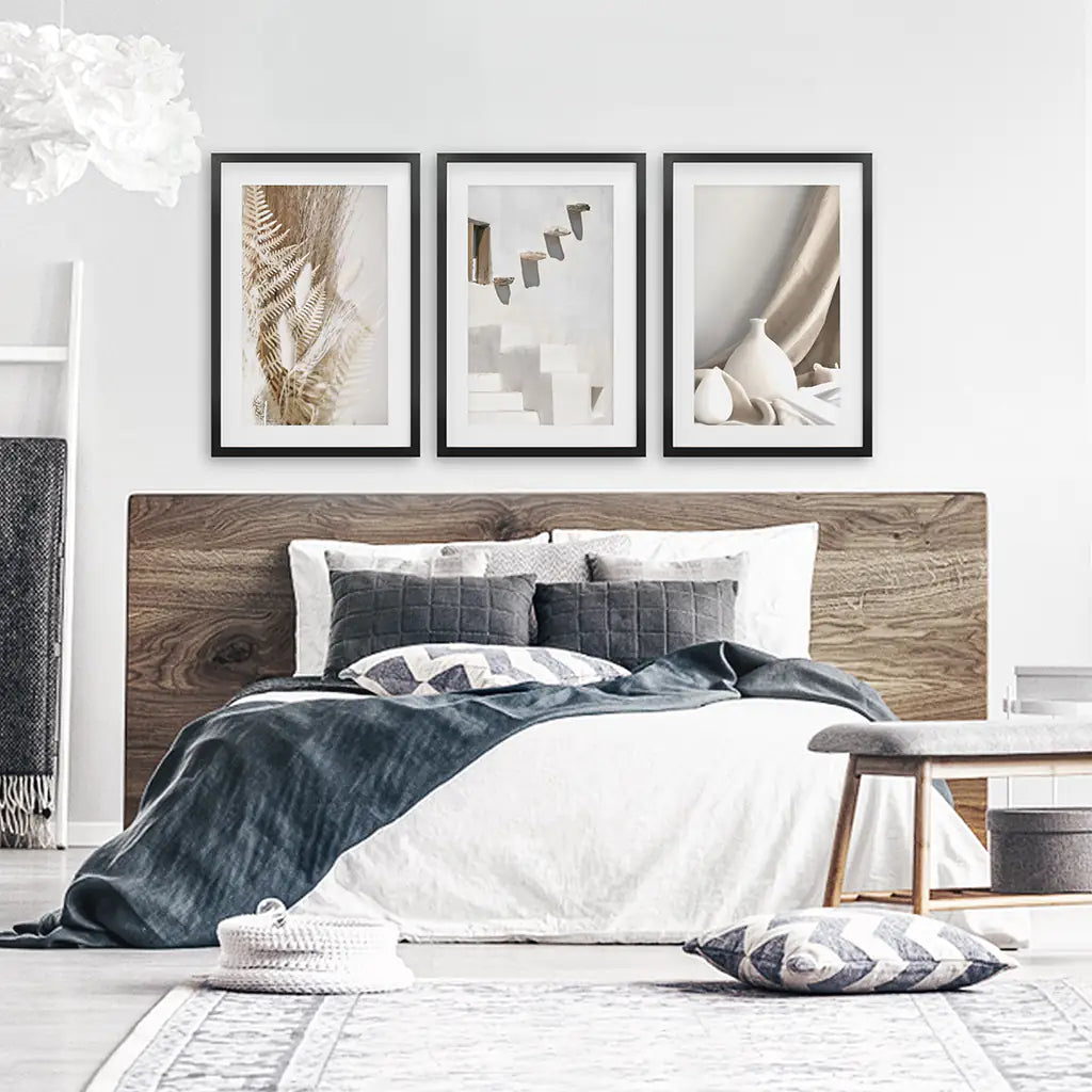 3 Pieces Neutral Boho Wall Art. Terracotta Vase and Stairs