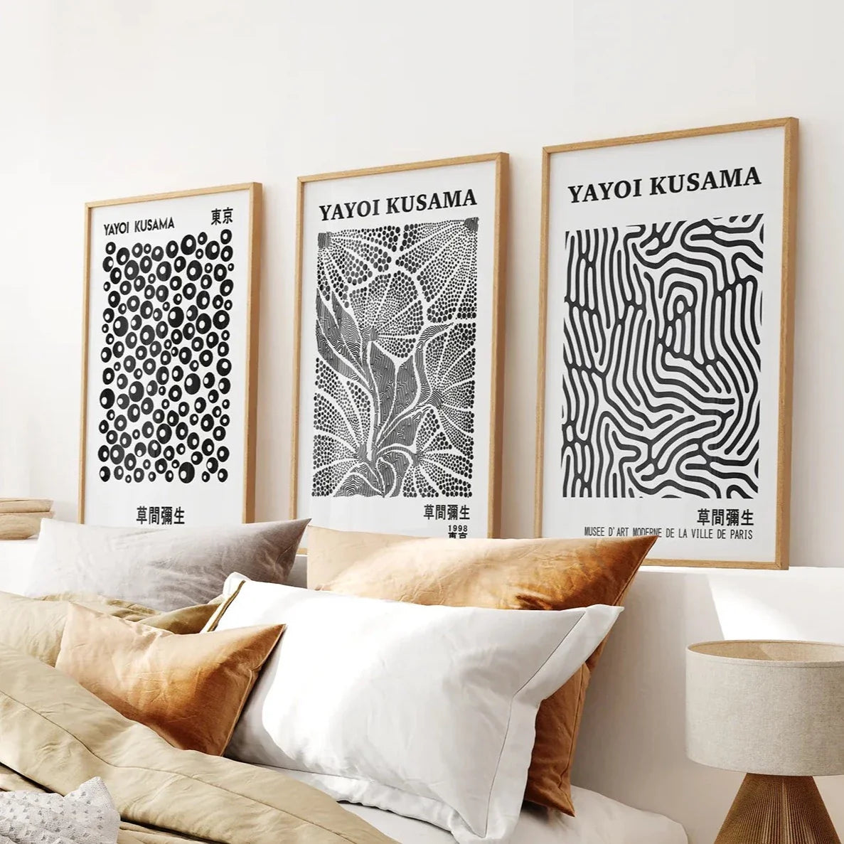 Black White set of 3 Piece Abstract Kusama Art
