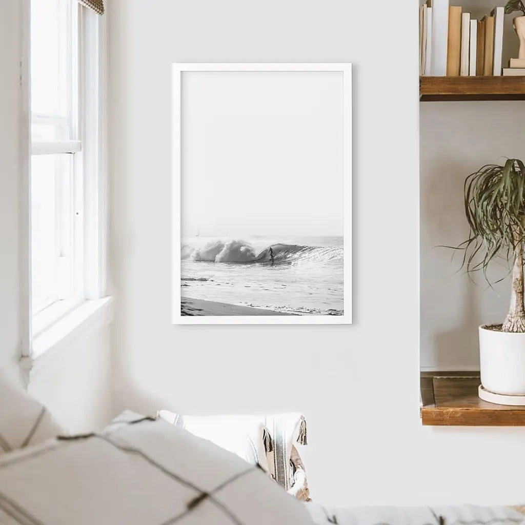 Black White Boho Tropical Wall Decor. Surfer, Waves