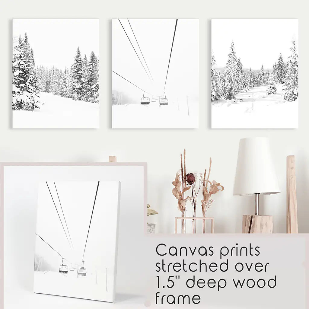 Winter Skiing Black White Wall Art. Ski Lift, Snowy Forest