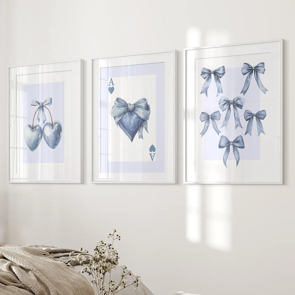 Blue Coquette Bows Wall Art Set of 3 Prints Decor