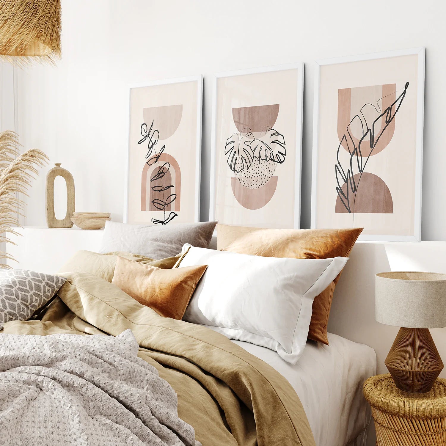 Abstract Watercolor Set of 3 Boho Prints. Tropical Leaves