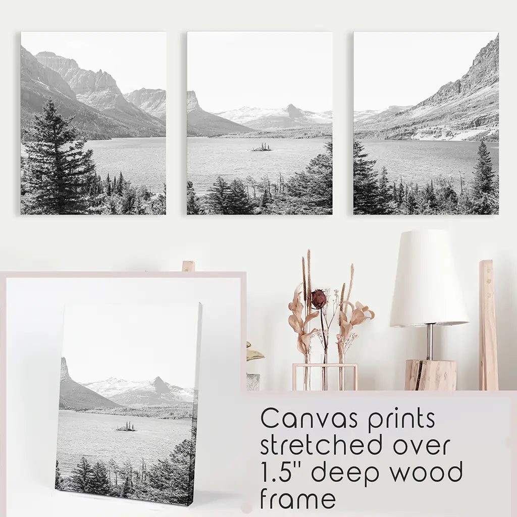 Glacier National Park. US Black White Mountain Lake Prints