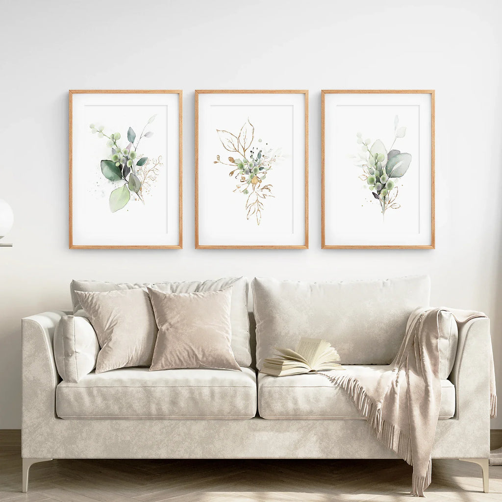 Green Watercolor Botanical Herbal Wall Art Set of 3 Prints